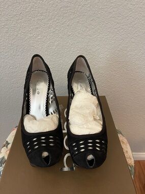 bebe Black Laser-Cut Peep-Toe Heels